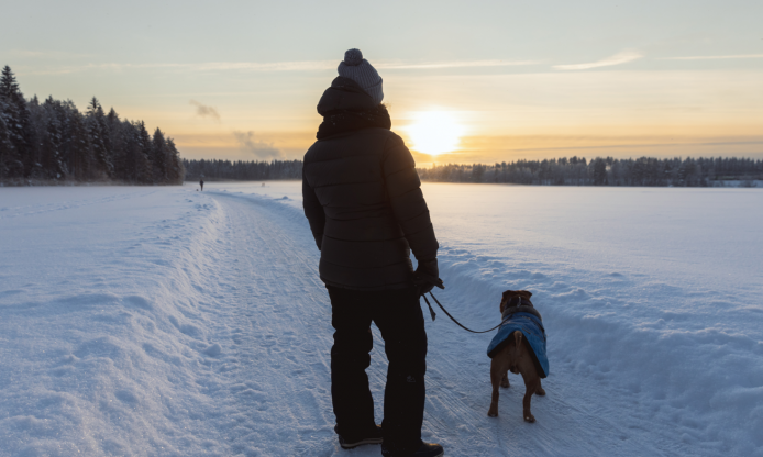 Ihminen ja koira järven jäällä talvella.