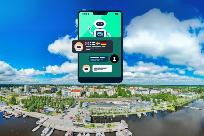 Kuvituskuva botista, taustalla kaupunki.