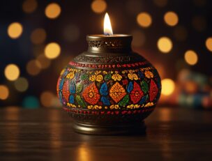 Kynttilä värikkäässä astiassa, taustalla valoja.