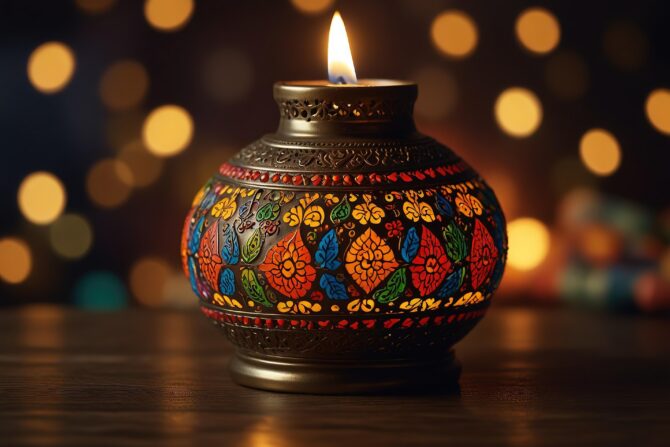 Kynttilä värikkäässä astiassa, taustalla valoja.