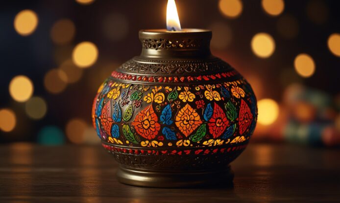 Kynttilä värikkäässä astiassa, taustalla valoja.