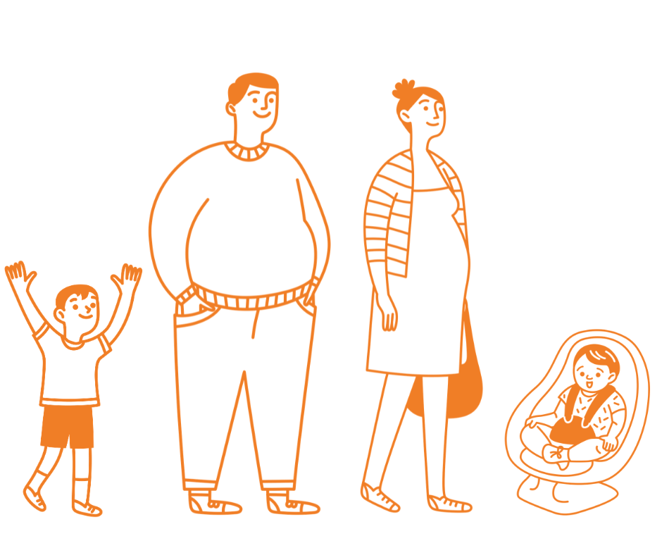 Mies, nainen ja kaksi lasta.