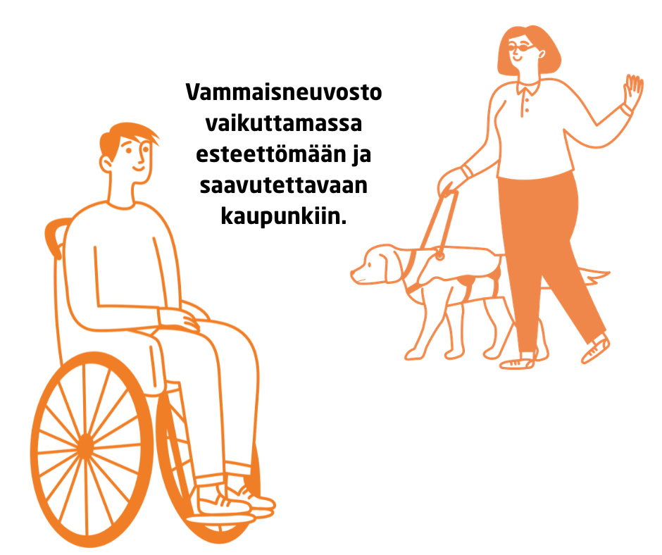 Pyörätuolissa istuva mies ja opaskoiran kanssa kulkeva nainen.