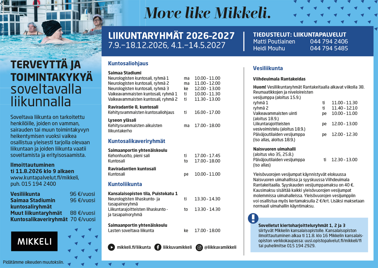 Kuvassa lueteltu liikuntapalveluiden ohjatut ryhmäliikunnat.